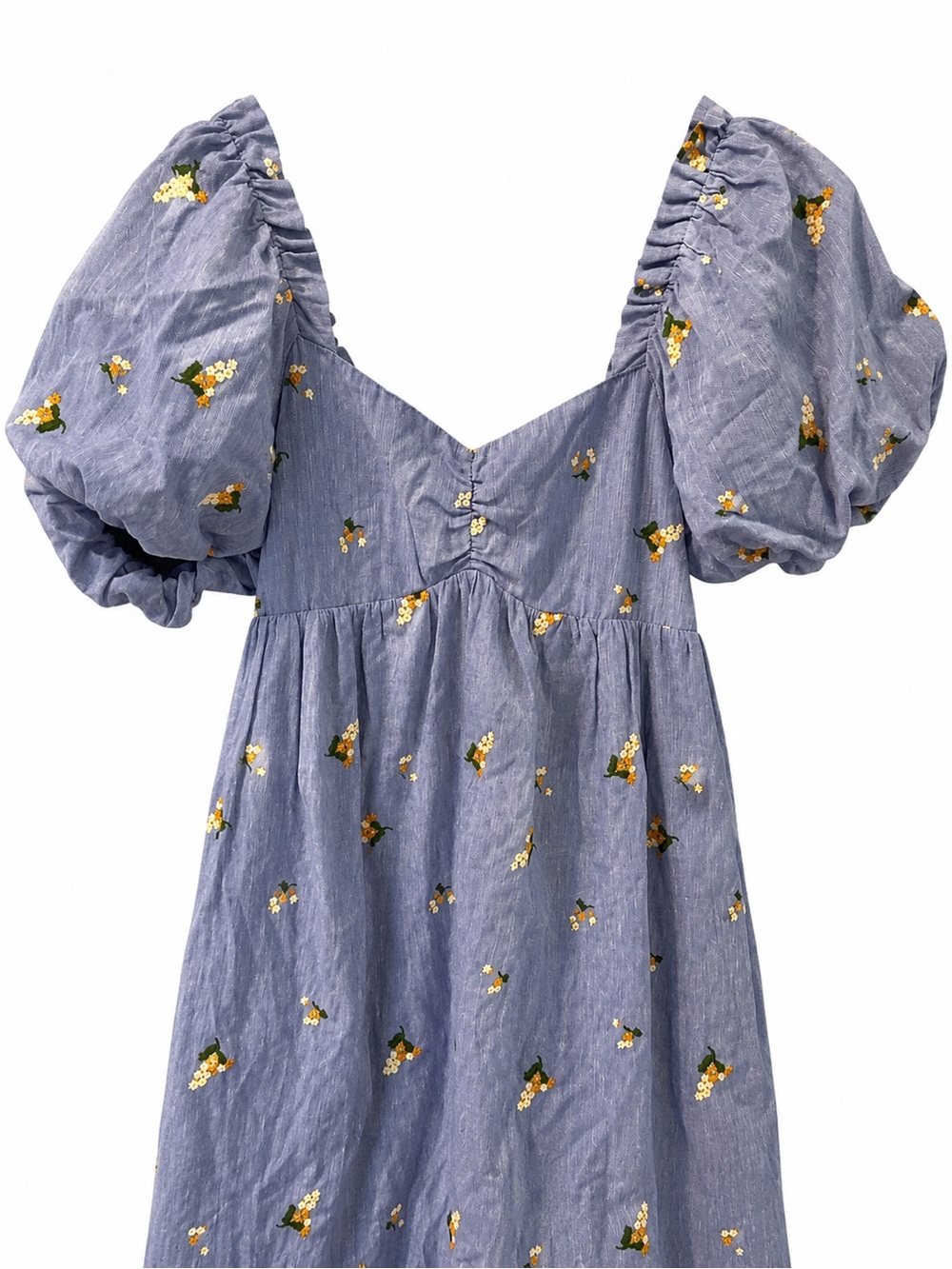 English Factory Blue Babydoll Dress Puff Sleeve Embroidered Floral - Picture 3 of 3